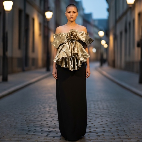 VTG Norman Berg for Denise Fashions Women's Metallic Black & Gold Cocktail Dress